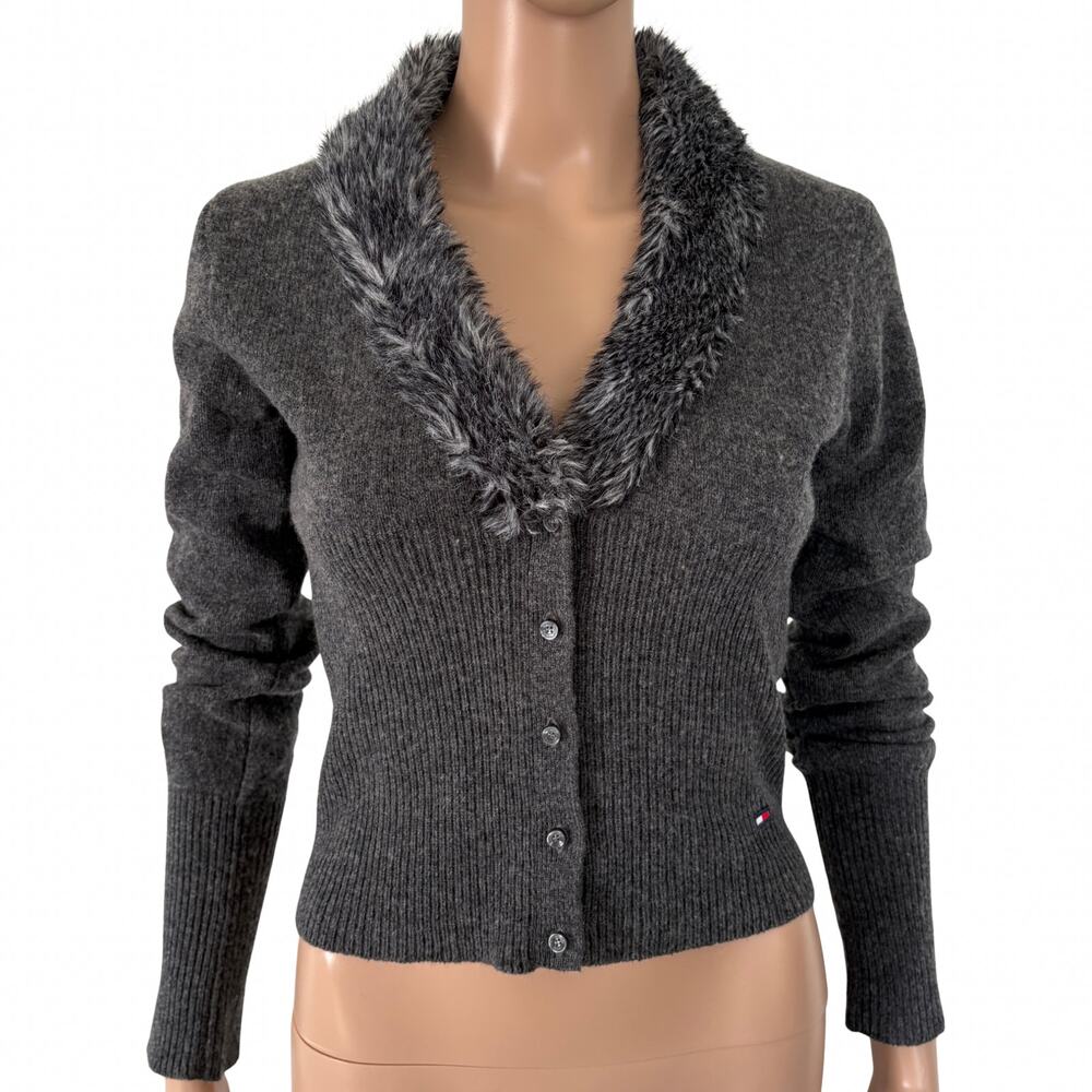 Vintage Y2K Tommy Jeans Faux Fur Wool Cropped Cardigan Preppy Academia Gray S